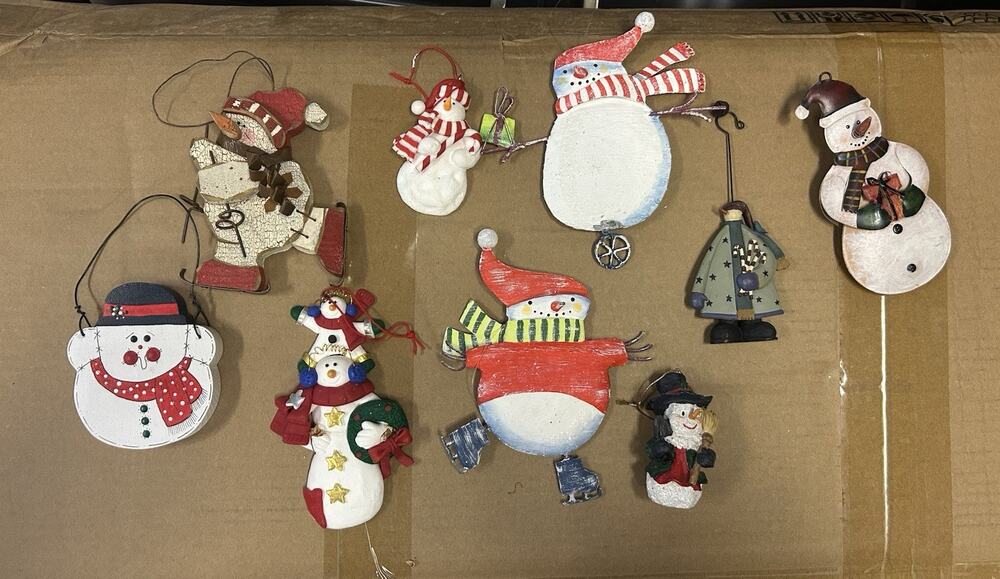 Lot Of 9 Snowman Ornaments. Wood Metal Plastic. Christmas Decor